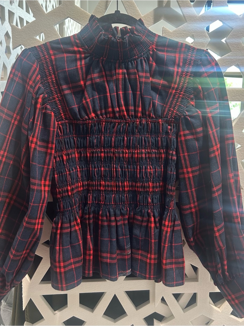 HUNTER BELL Navy and Red Plaid Smocked Peplum Blouse